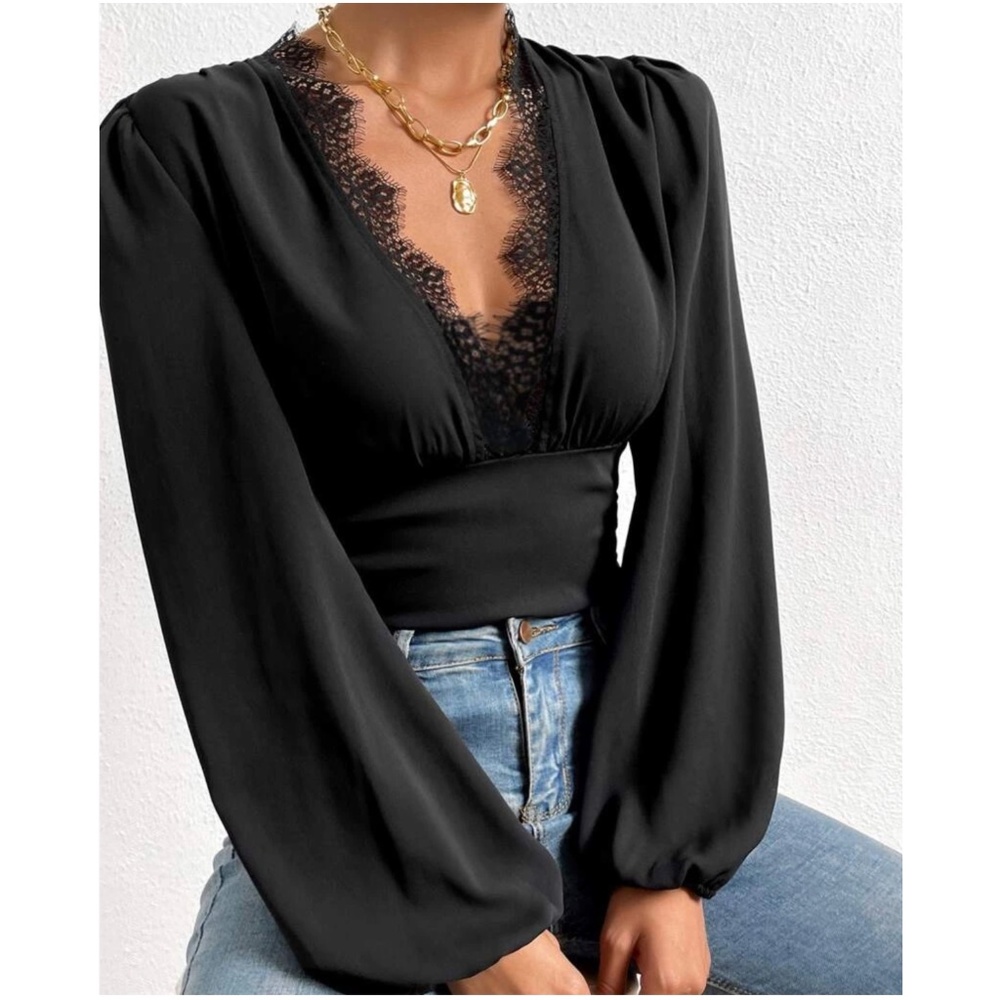 Plunging Neck Lace Bishop Long Sleeve Lace Cropped top - Picture 6 of 10